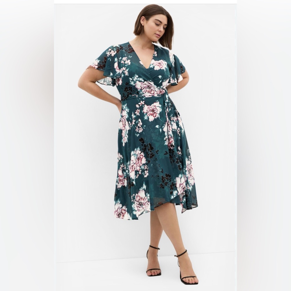 Floral Jade  Blossom Wrap Midi Dress with Belt size 20 🌸 BRB SL 5 - Picture 3 of 9